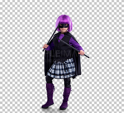 Buy stock photo Girl child, costume and villain in portrait with weapons, fantasy and creative comic fighter outfit. Kid, superhero mask and martial arts in vigilante cosplay isolated on a transparent png background