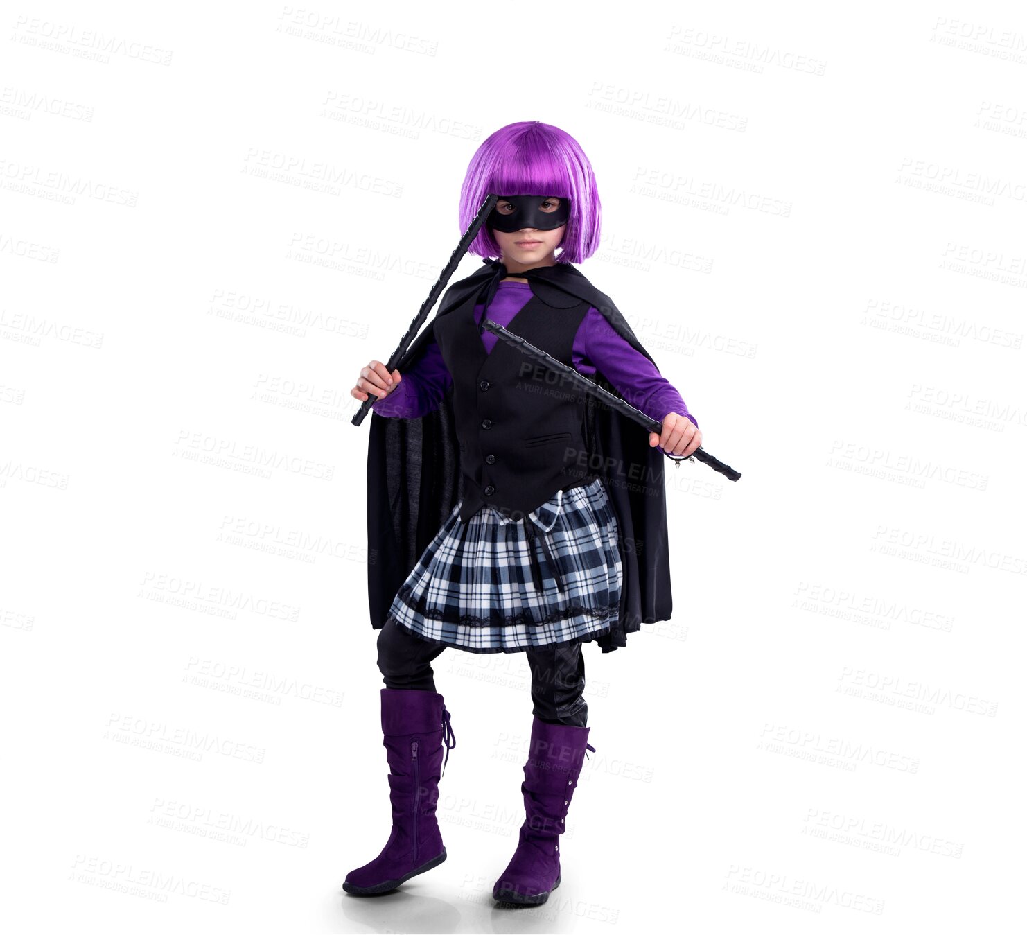 Buy stock photo Girl child, costume and villain in portrait with weapons, fantasy and creative comic fighter outfit. Kid, superhero mask and martial arts in vigilante cosplay isolated on a transparent png background