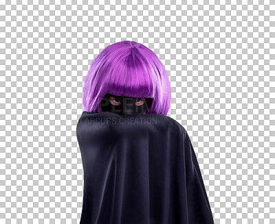 A Children, superhero or portrait with a girl in a cape to fight crime. Warrior, fantasy and kids with a female child in a cosplay costume for imagination or make believe isolated on a png background