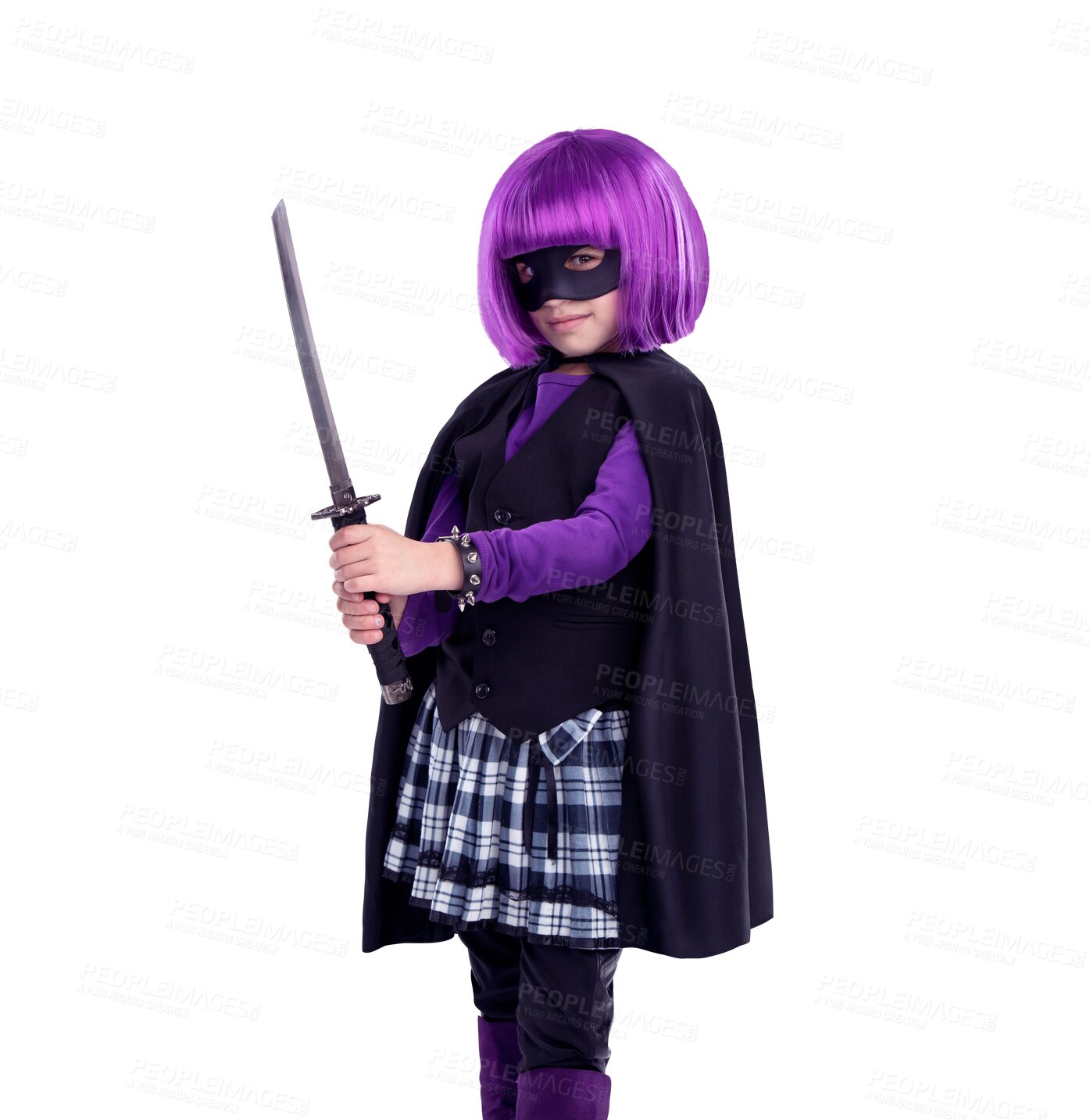 Buy stock photo Girl kid in costume, portrait and sword with mask, superhero and creativity isolated on transparent, png background. Halloween, female child in cosplay with vigilante, villain and comic aesthetic