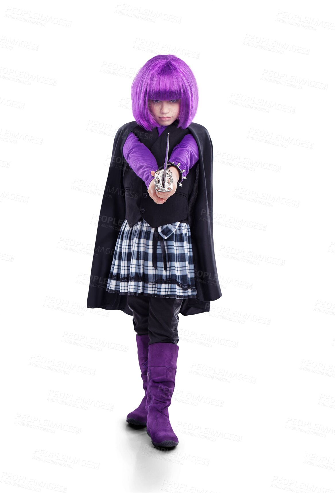 Buy stock photo Girl child in costume, portrait and sword with warrior, superhero and creativity isolated on transparent, png background. Halloween, female kid in cosplay with vigilante, villain and comic aesthetic