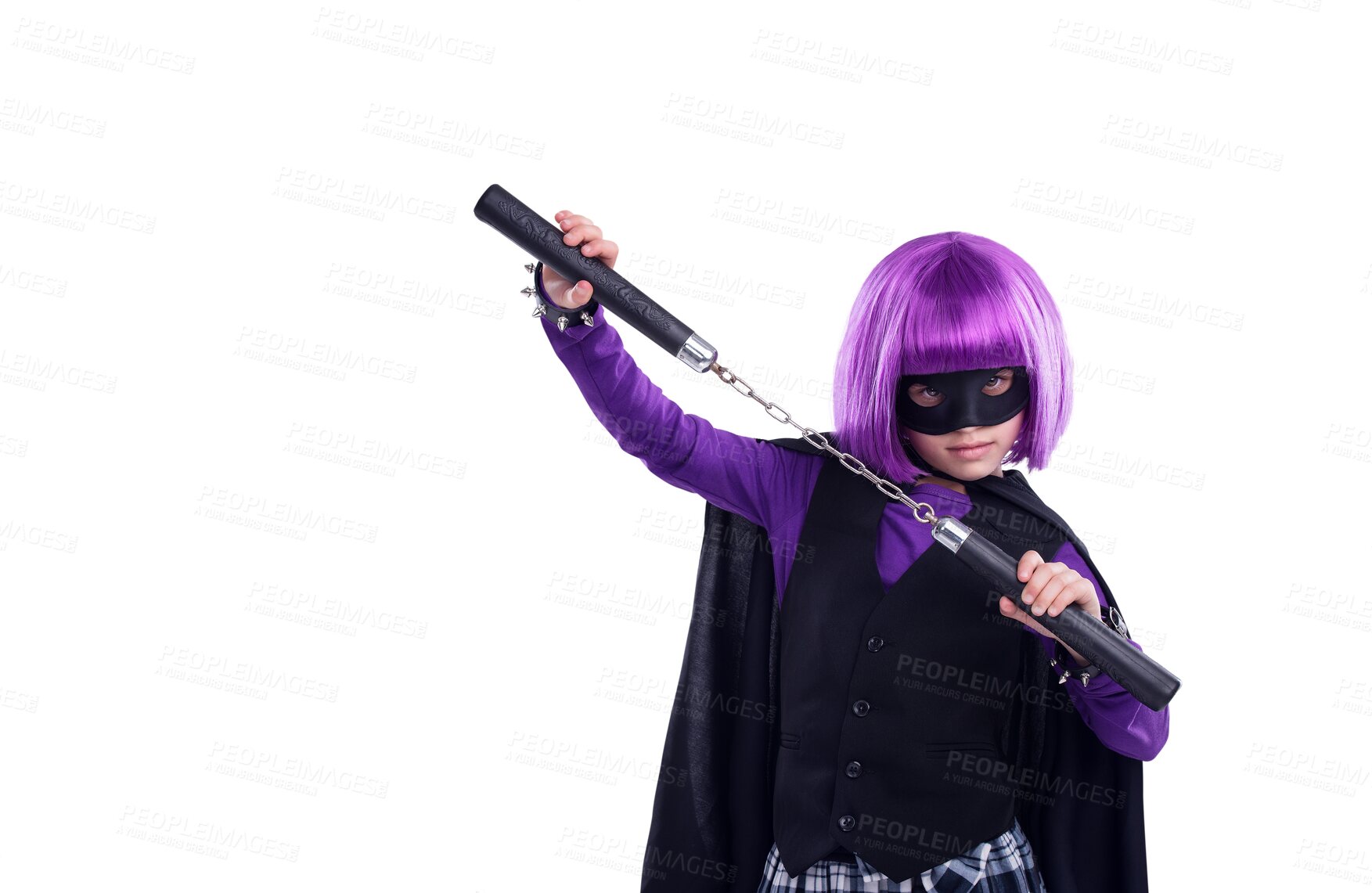 Buy stock photo Portrait, child and vigilante costume with nunchaku on isolated, transparent and png background. Kid, mask and fantasy by girl with superhero, villain and fighter cosplay or martial arts aesthetic