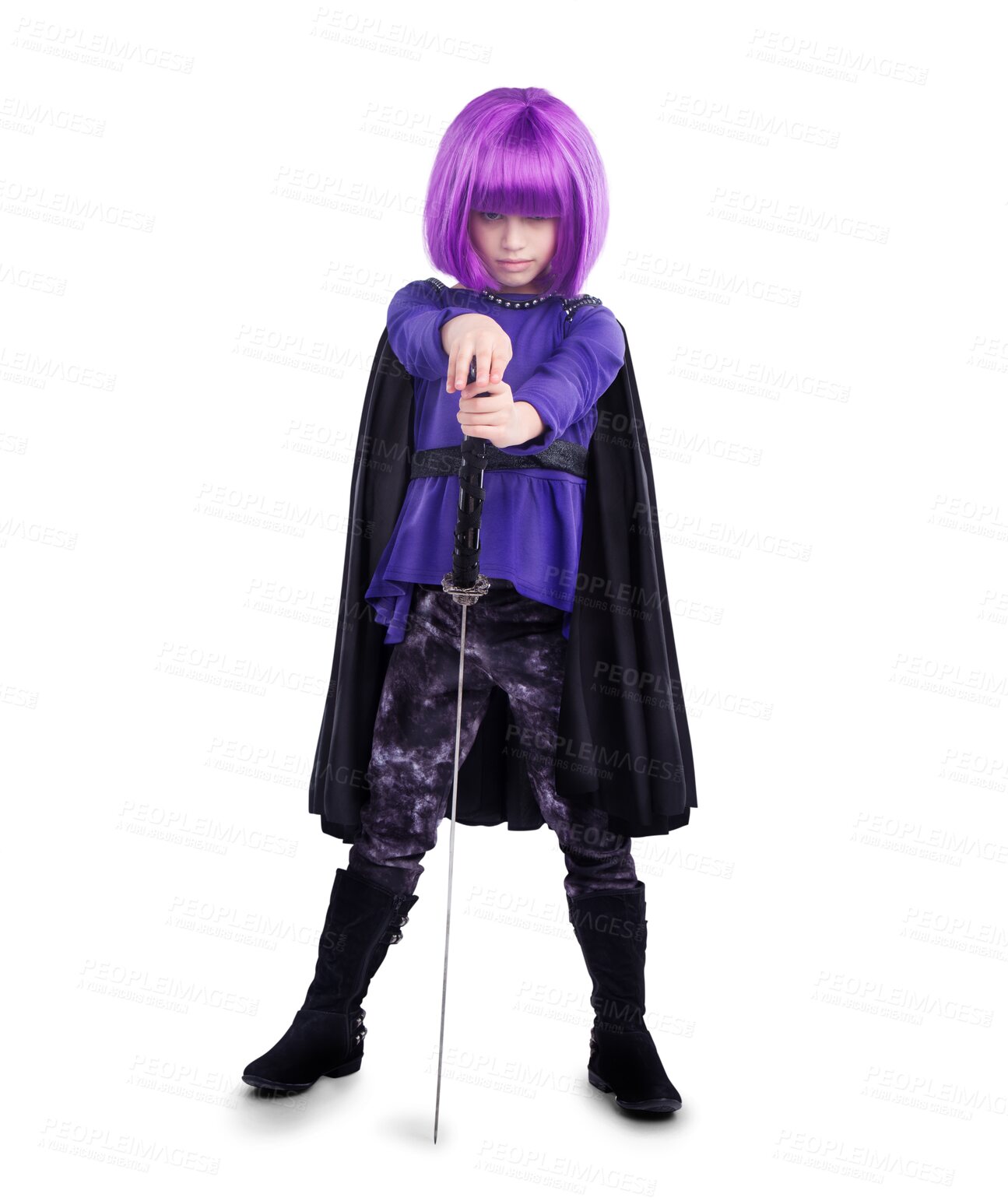 Buy stock photo Girl kid in costume with confidence, sword and portrait, superhero and creativity isolated on transparent, png background. Halloween, female child in cosplay with vigilante and comic aesthetic