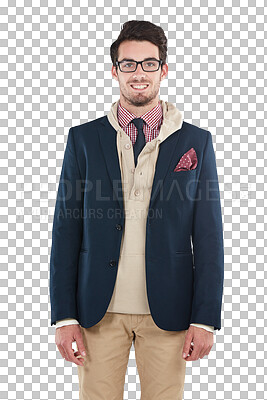 Buy stock photo Portrait, happy man or nerd with fashion, smile or happiness in glasses, cool style or trendy model outfit. Geek or fashionable person in casual business clothes smiling isolated on a png background