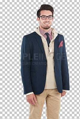 Buy stock photo Portrait, happy man or geek with fashion, smile or happiness in glasses, cool style or trendy model outfit. Confident nerd or fashionable businessperson smiling isolated on transparent png background