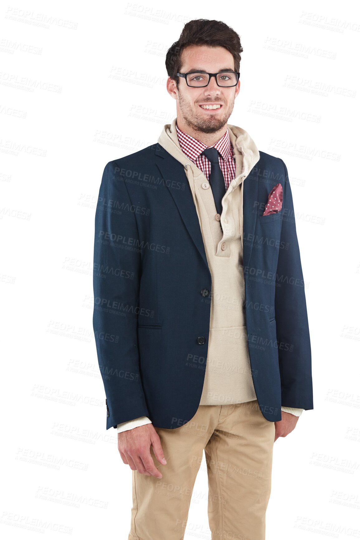 Buy stock photo Portrait, happy man or geek with fashion, smile or happiness in glasses, cool style or trendy model outfit. Confident nerd or fashionable businessperson smiling isolated on transparent png background