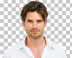 Portrait, style and mockup with a man model in studio isolated on a png background for fashion in a shirt. Face, sexy and masculine with a handsome young male posing to promote blank advertising space