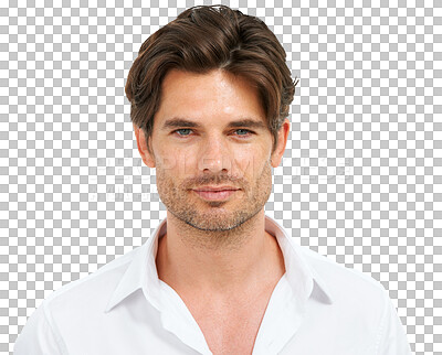 Buy stock photo Portrait, serious and handsome man on isolated, transparent and png background for style and aesthetic. Face, pose and headshot of attractive male natural, calm and satisfied, content and confident