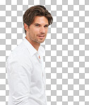 Portrait, shirt and mockup with a man model in studio on isolated on a png background for fashion or style. Face, sexy and masculine with a handsome young male posing to promote blank advertising space