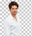 Portrait, beauty and model with a handsome man in studio isolated on a png background for fashion. Face, aesthetic and an attractive young male posing as a fashion model for contemporary style