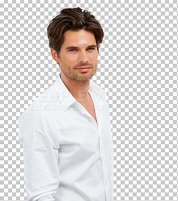 Buy stock photo Man in portrait, model and fashion with confidence, sexy and stylish isolated on transparent, png background. Beauty, hair and handsome male with casual style, confident expression and designer shirt