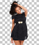 Fashion, portrait and black woman with clothes and sexy, beauty with retail mockup isolated on a png background. Designer brand, trendy style and confident fashion model with motivation and stylish