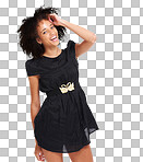 Happy, smile and beauty portrait of black woman with happiness, black silk dress and relax in studio. Beautiful African person, laughing girl or confident fashion model isolated on a png background