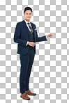Smile, portrait or pointing businessman on isolated png background, marketing space or advertising mockup. Happy, asian and corporate worker face with show hand gesture at financial investment deal