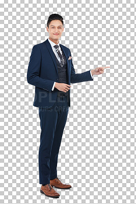 Buy stock photo Smile, portrait and business man pointing hand isolated on a transparent, png background. Corporate male worker show gesture while happy about advertising promotion, deal or investment opportunity
