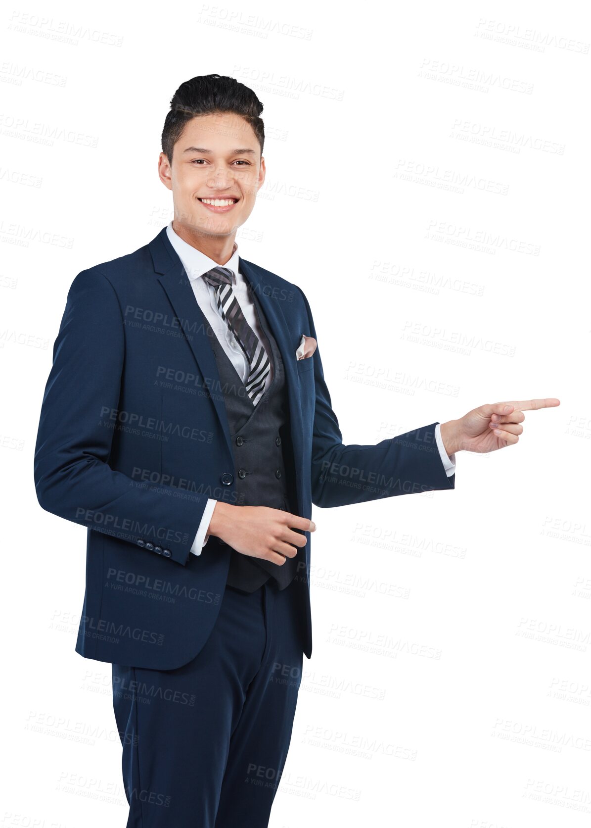 Buy stock photo Smile portrait, business man and pointing hand isolated on a transparent, png background. Professional male person show gesture while happy about advertising, presentation or promotion deal and space
