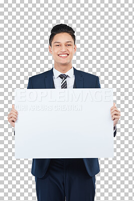 Buy stock photo Happy portrait, man and space on poster mockup isolated on transparent, png background. Male business person show banner, billboard or placard for presentation, advertising or promotion announcement
