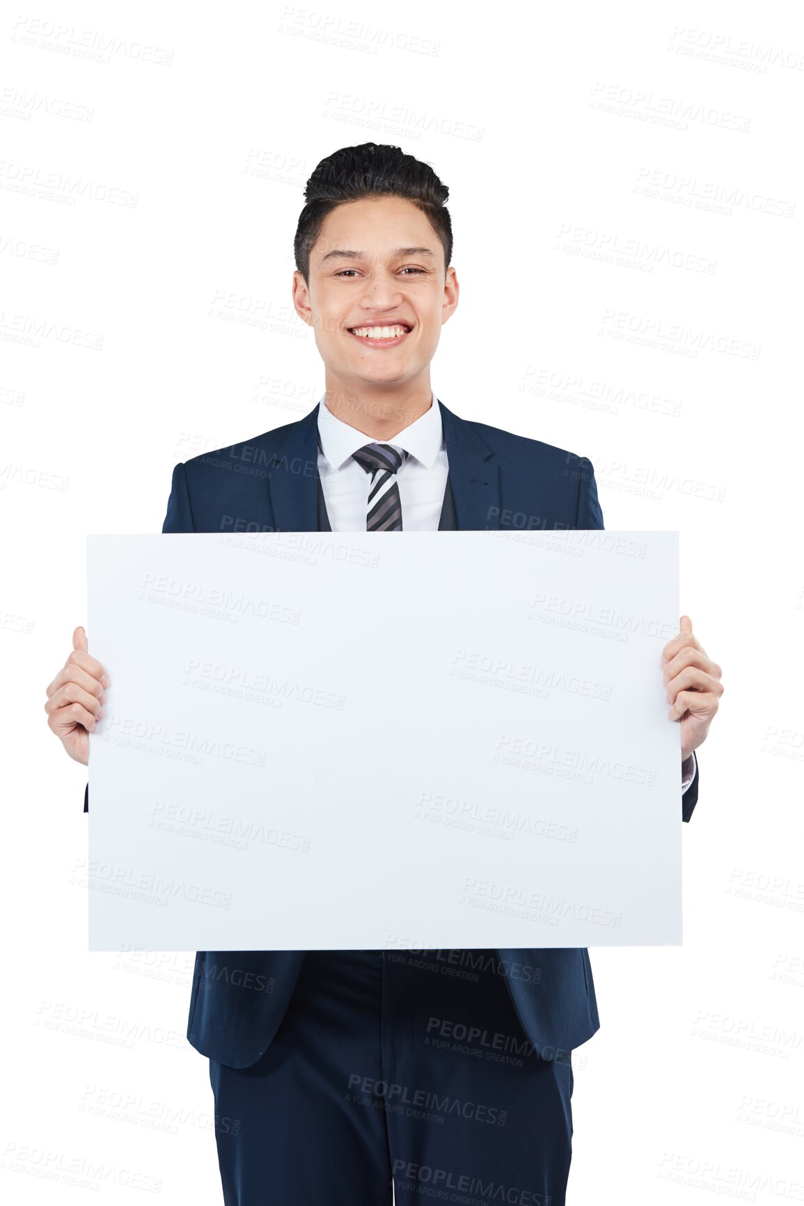 Buy stock photo Happy portrait, man and space on poster mockup isolated on transparent, png background. Male business person show banner, billboard or placard for presentation, advertising or promotion announcement