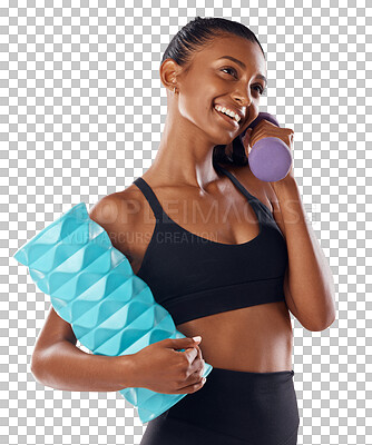 Fitness, active and healthy woman holding a dumbell, foam roller and smile  after sports training. Happy fit lady feel slim, happy and cheerful after  gym, workout or exercise isolated on a png