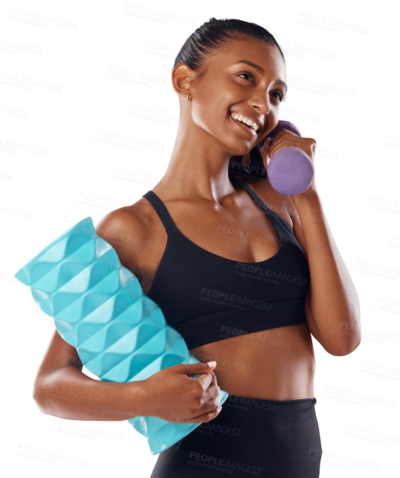 Buy stock photo Fitness, foam roller and woman with dumbbell isolated on a transparent png background. Thinking, athlete and happy Indian female with idea for exercise, training or workout, weightlifting or muscle.