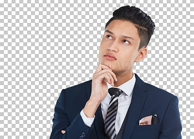 Businessman, thinking and standing isolated on a png background in thought for idea or decision. Business male, person or man model contemplating strategy, wondering or deciding for a solution