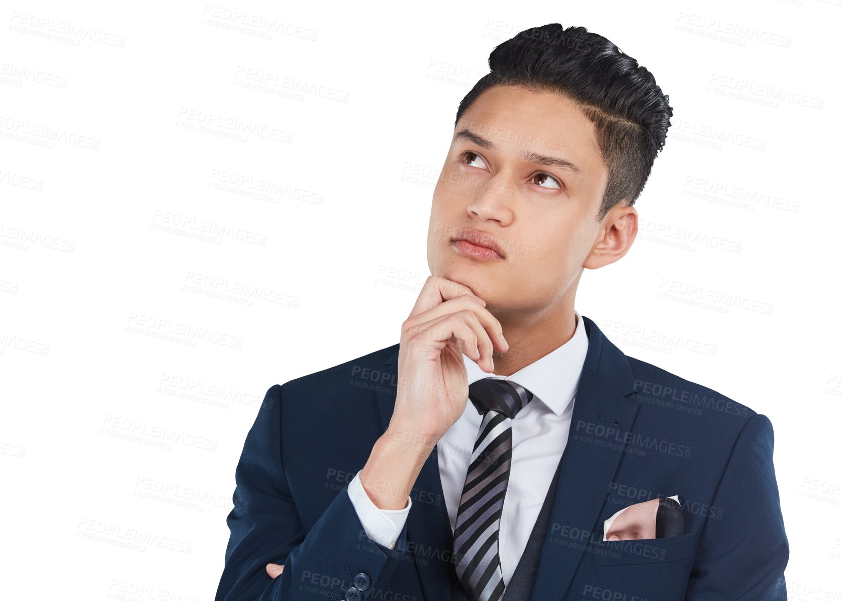 Buy stock photo Businessman doubt, thinking and ideas or choice isolated on transparent png background in thought. Idea, corporate or man contemplating a strategy, decision or plan for a business solution or problem