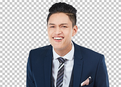 Buy stock photo Portrait, businessman or curious facial expression isolated on a transparent png background. Man in huh, what or question emoji and smile, happy or confused employee for ideas, vision or listening