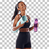 Fitness, active and healthy woman holding a dumbell, foam roller and smile  after sports training. Happy fit lady feel slim, happy and cheerful after  gym, workout or exercise isolated on a png