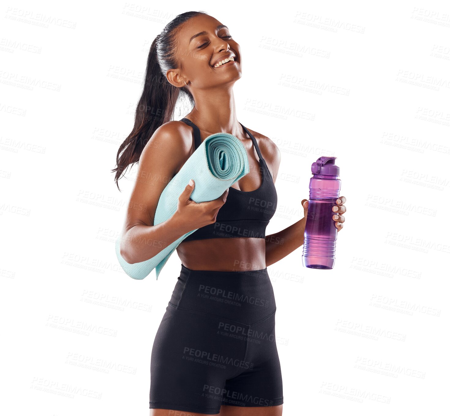 Buy stock photo Happy woman in portrait, laughing with yoga mat and water bottle with fitness isolated on transparent, png background. Exercise, pilates and health, hydration with Indian female yogi with happiness