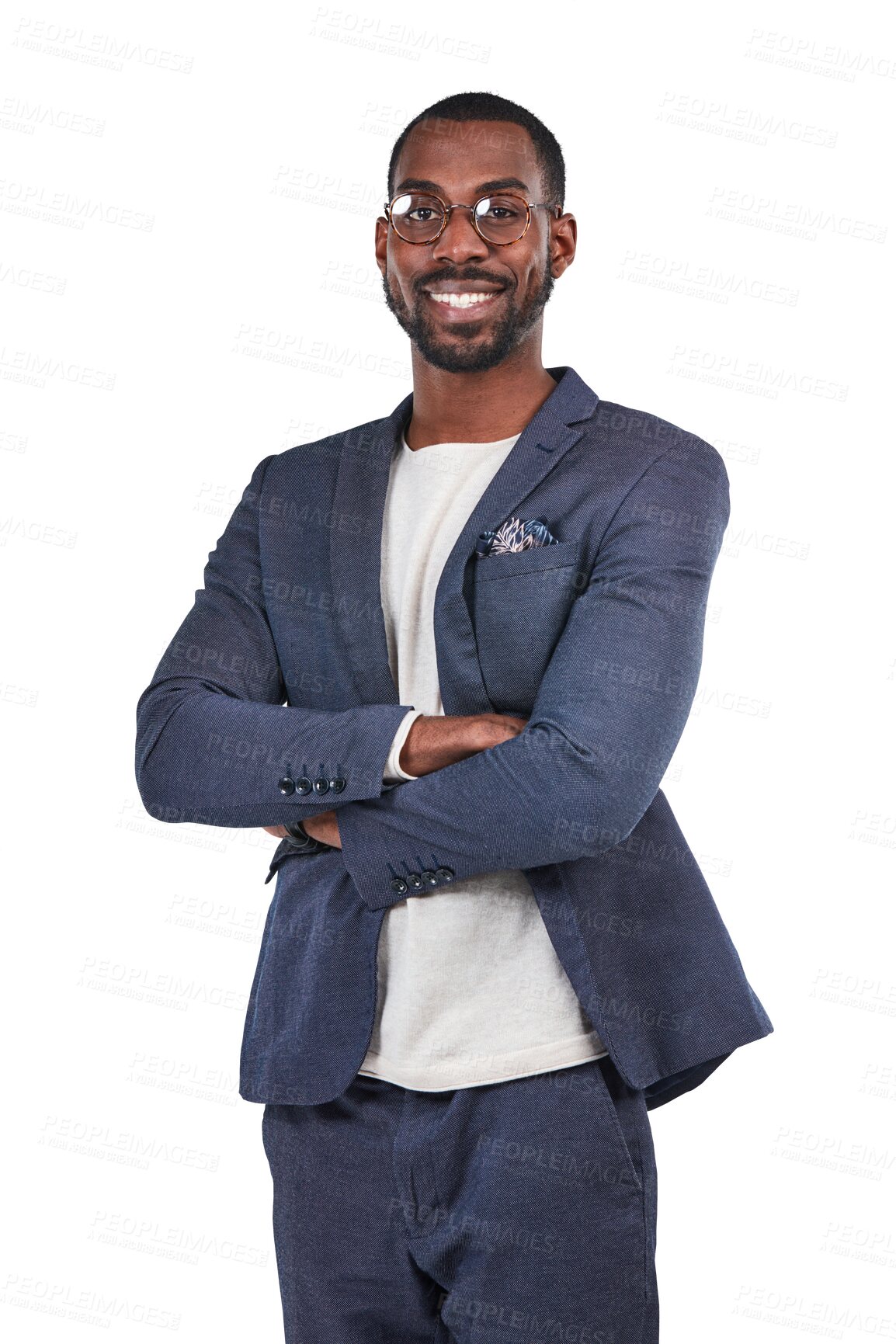 Buy stock photo Happy, crossed arms and portrait of businessman with glasses, vision and confidence for success. Fashion, confident and professional male model with a suit isolated by transparent png background.
