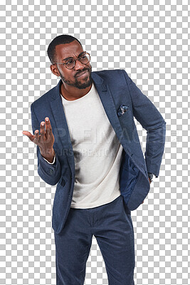 Buy stock photo Confused, business and black man isolated on transparent, png background for doubt, decision or asking question.  Thinking, idea and young professional person, what or why hand for problem or choice