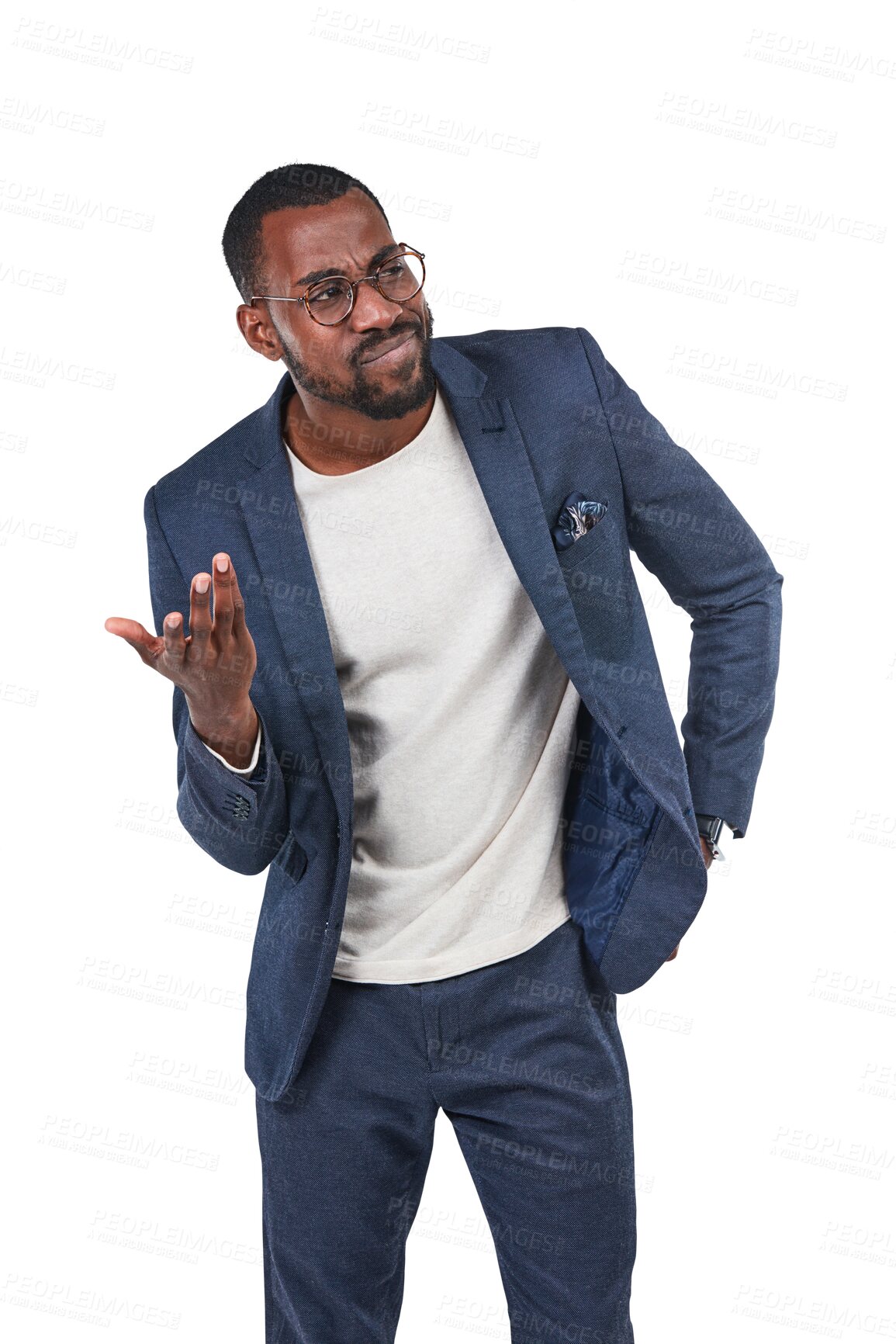 Buy stock photo Confused, business and black man isolated on transparent, png background for doubt, decision or asking question.  Thinking, idea and young professional person, what or why hand for problem or choice