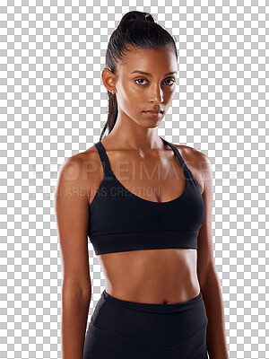 Buy stock photo Fitness, sports portrait and serious woman isolated on a transparent png background. Athlete, confidence and female person from India ready to start exercise, training or workout to stay healthy.