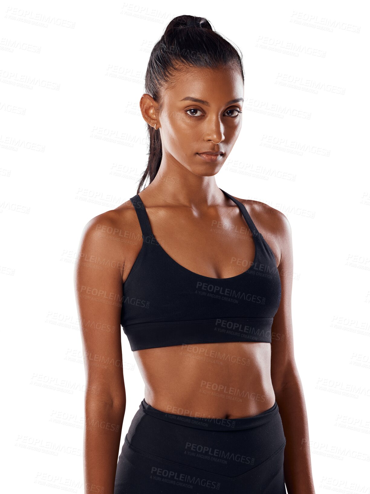 Buy stock photo Fitness, sports portrait and serious woman isolated on a transparent png background. Athlete, confidence and female person from India ready to start exercise, training or workout to stay healthy.