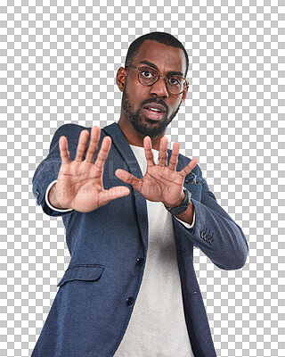 Buy stock photo Portrait, stop and hands with a business black man isolated on a transparent background for warning. PNG, compliance and regulations with a male employee showing a palm, sign or gesture to deny