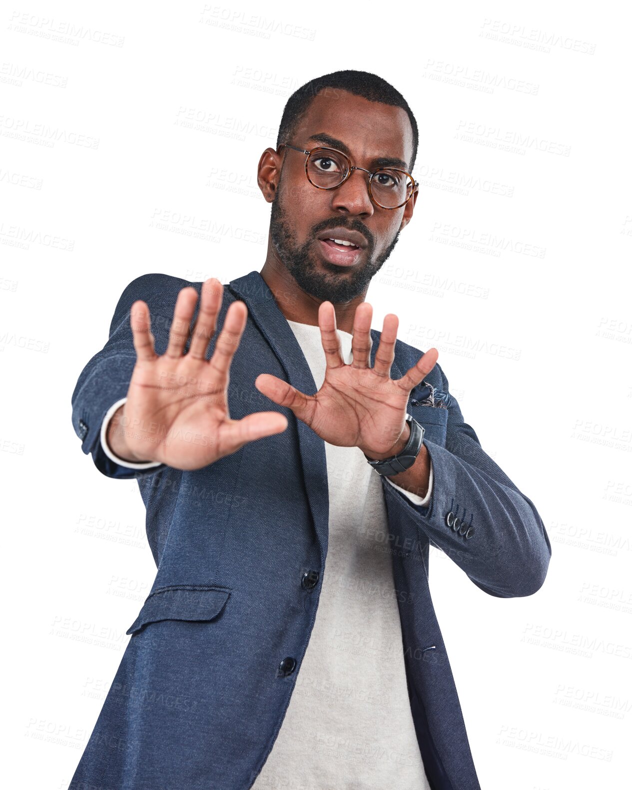 Buy stock photo Portrait, stop and hands with a business black man isolated on a transparent background for warning. PNG, compliance and regulations with a male employee showing a palm, sign or gesture to deny