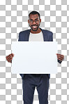 A Portrait, happy worker and poster mockup for marketing paper space, advertising mock up and promotion. Banner, blank and billboard sign for smile, businessman or designer on isolated on a png background