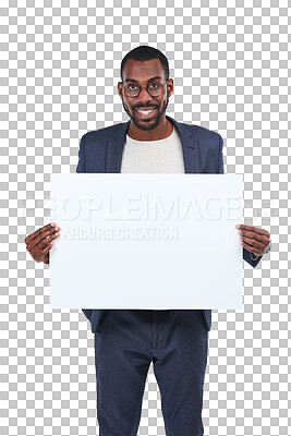 Buy stock photo Black man, portrait and smile for and poster mockup space isolated on a transparent, png background. Male business person show banner, billboard or paper for advertising, promotion or announcement
