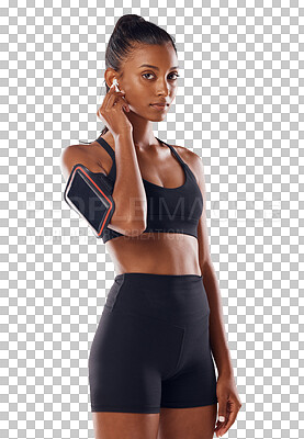 A listening to music, fit and healthy slim woman living a active, wellness and body or weight watching lifestyle. Fitness, training and sports lover ready for workout routine with athletic sportswear isolated on a png background