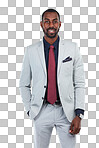 A Businessman, success and CEO portrait with leadership, executive smile with vision. Black man, black business and professional corporate boss, career goals with mindset isolated on a png background