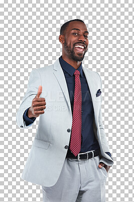 Buy stock photo Thumbs up, portrait and happy professional man isolated on a transparent png background. Black male worker, thumb and yes to success, thank you and like emoji of business vote, winner and motivation