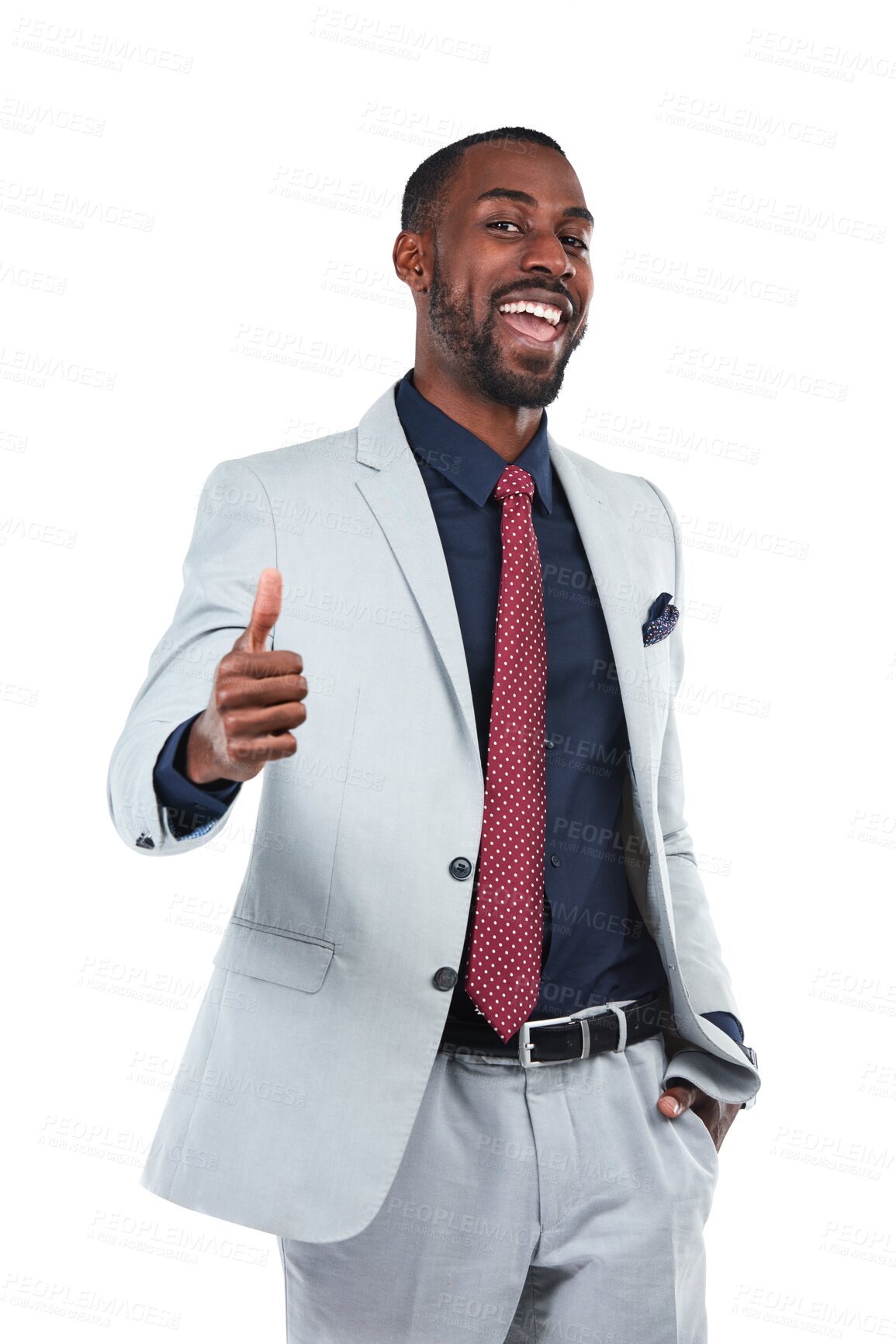 Buy stock photo Thumbs up, portrait and happy professional man isolated on a transparent png background. Black male worker, thumb and yes to success, thank you and like emoji of business vote, winner and motivation