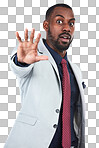 Ceo, portrait and black man with stop hand for warning, problem or protection sign of people. Corporate person with anxiety, stress and worry expression at isolated on a png background