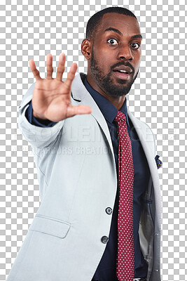 Buy stock photo Portrait, stop and hand with a business black man isolated on a transparent background for warning. PNG, compliance and fear with the palm of a male employee showing a gesture or sign of danger