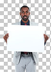 Portrait, businessman or paper poster for marketing space, advertising mockup or promotion mock up. Corporate worker, banner or blank billboard sign on isolated png background for about us branding