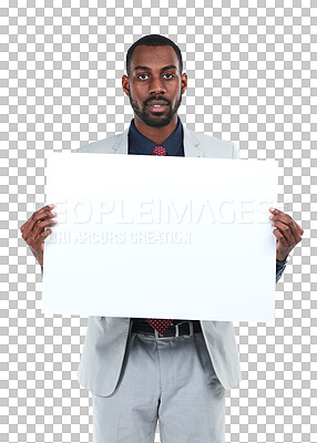 Buy stock photo Portrait, black man and poster space isolated on a transparent, png background. Male business person show banner, billboard or paper mockup for advertising promotion,  logo or brand opportunity