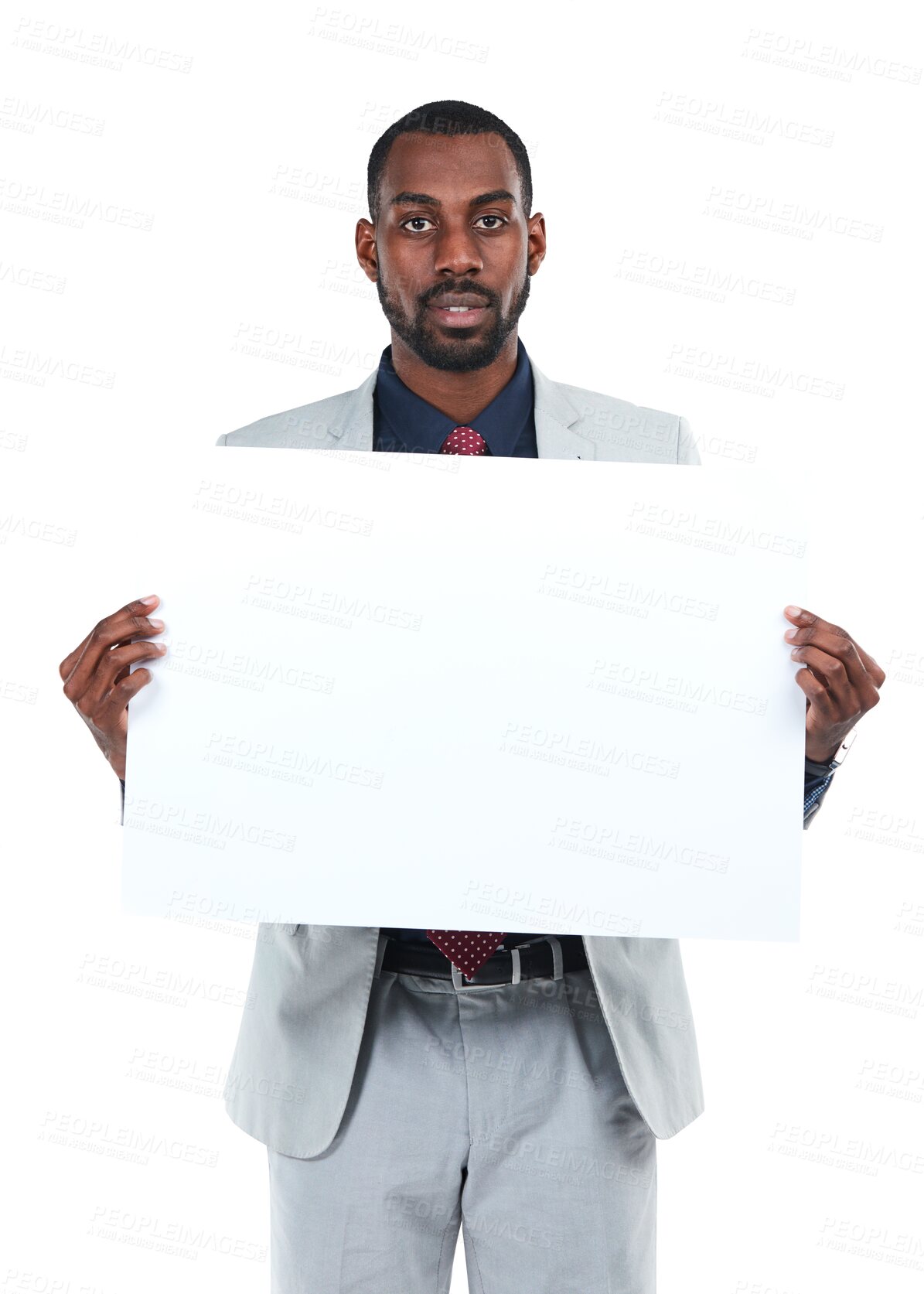 Buy stock photo Portrait, black man and poster space isolated on a transparent, png background. Male business person show banner, billboard or paper mockup for advertising promotion,  logo or brand opportunity