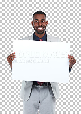 Buy stock photo Black man, portrait and placard space isolated on a transparent, png background. Happy male business person show banner, poster or paper mockup for advertising promotion,  logo or brand opportunity