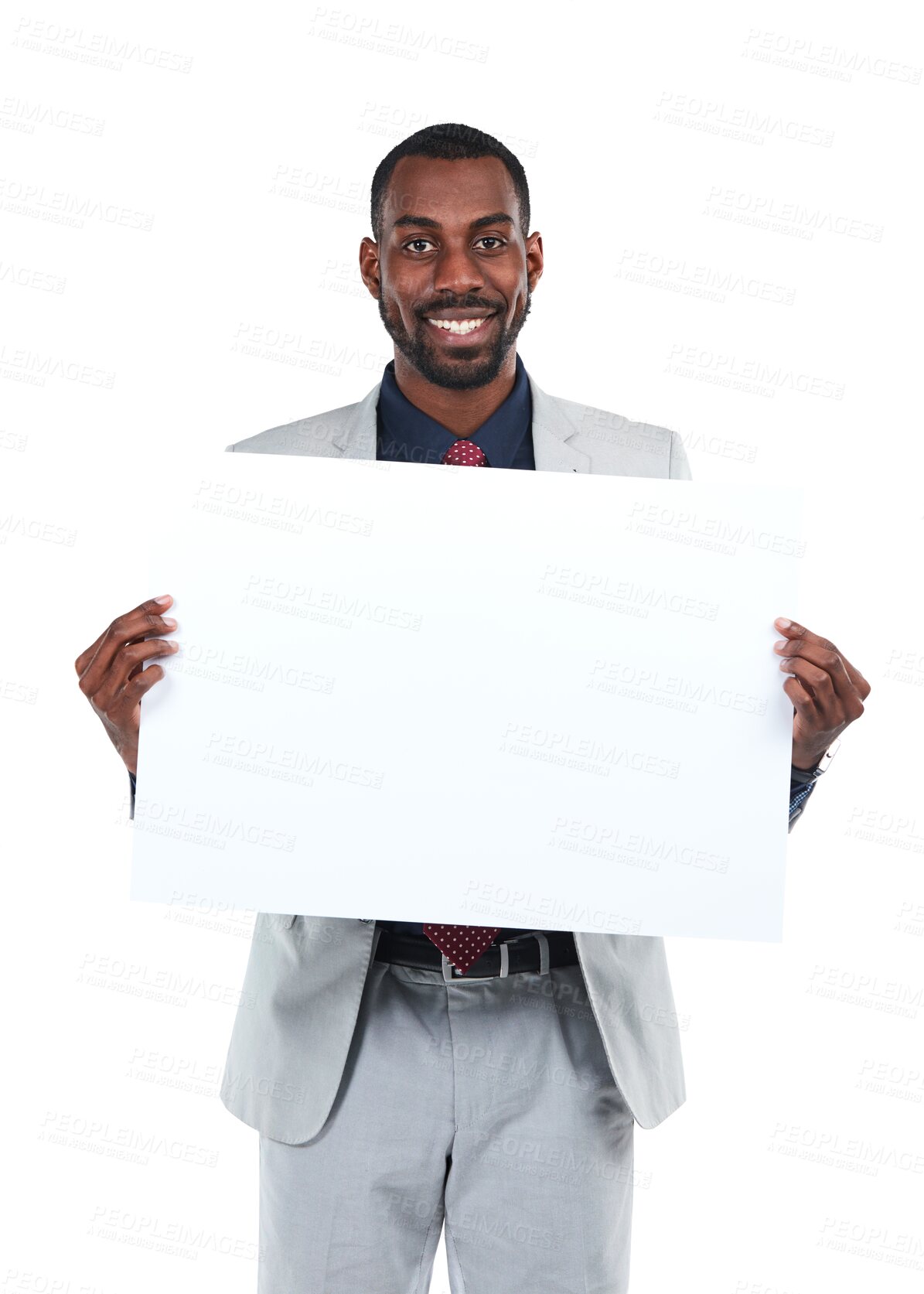 Buy stock photo Black man, portrait and placard space isolated on a transparent, png background. Happy male business person show banner, poster or paper mockup for advertising promotion,  logo or brand opportunity