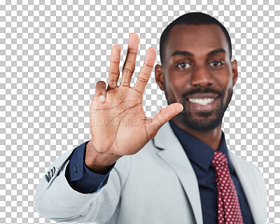 Buy stock photo Four, business and black man counting, hand and sign language in portrait, isolated against transparent background. Face, male employee or consultant with fingers, communication or png with symbol